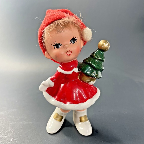RARE Vintage MCM Napco Christmas Girl Caroler Holding Tree Fabric Stocking Cap - Picture 1 of 10
